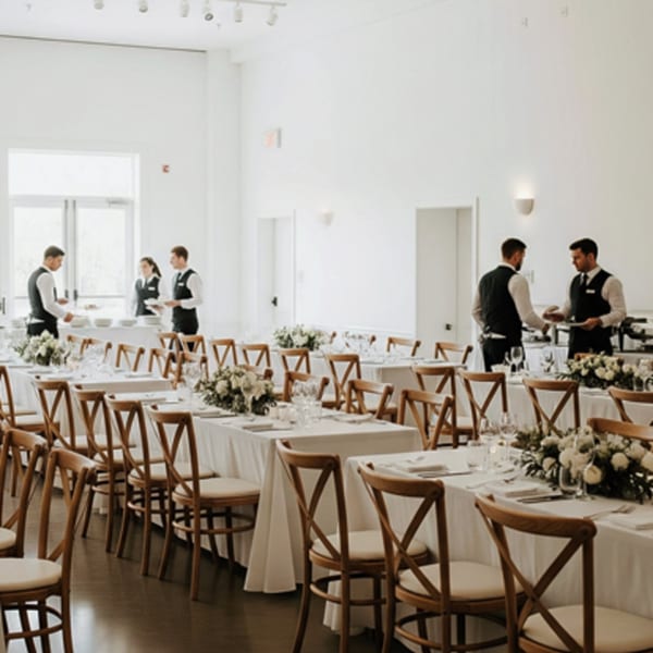 Waitstaff in black vests prepare long tables with white tablecloths, wooden chairs, and floral centerpieces.